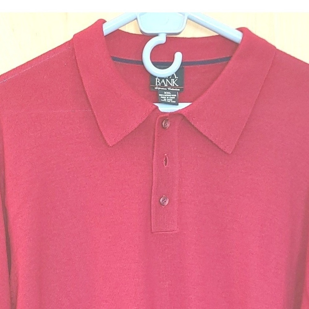Jos A Bank Merino Wool Polo Sweater Mens XXL Red Long‎ Sleeve Knit Collared
